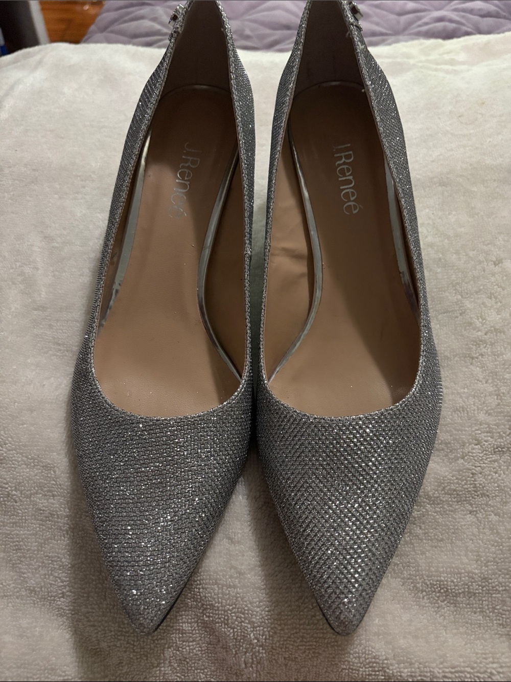 J.Renee Metallic Silver Pointed-Toe Glitter Heels